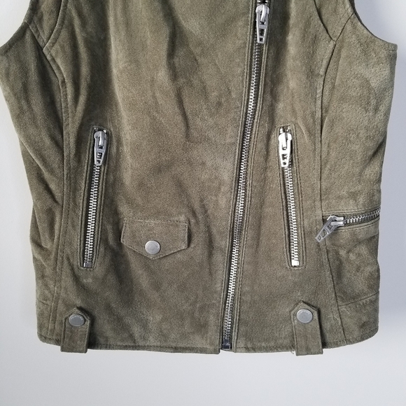 Blank NYC Olive Green Suede Leather Moto Vest Size S Zipper Snap Closures - Picture 9 of 11